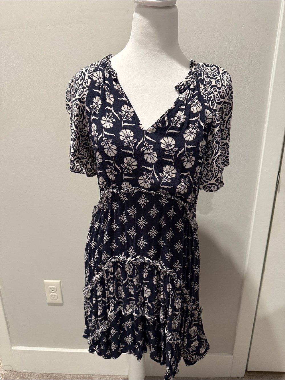 Anthropologie Navy and White Floral V-Neck Tiered Mini Dress